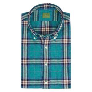 Sid Mashburn Mens Sport Shirt Large Slim Fit Plaid Linen Surf Green